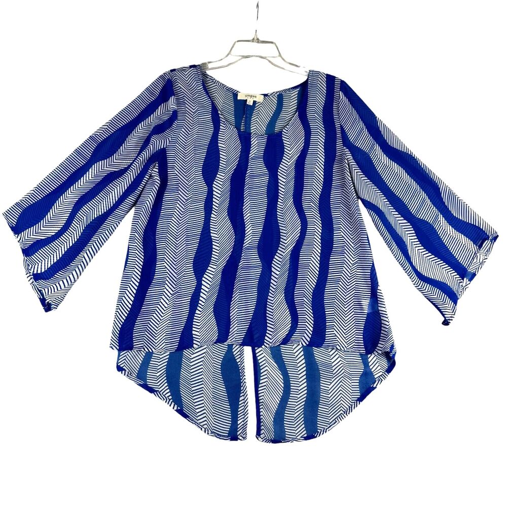 UMGEE Shirt Women's Medium Blue White Long Sleeve Lightweight Boho V-Neck Top